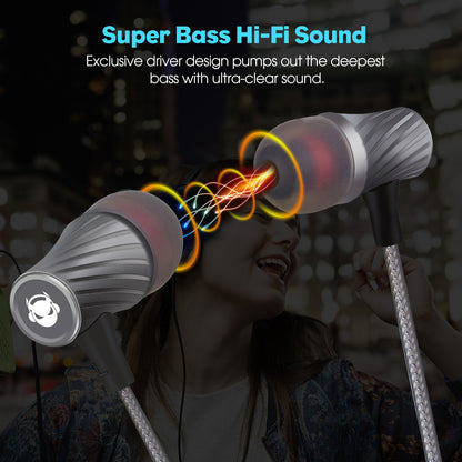 MindBeast Super Bass 90% Noise Isolation Wired Earphones (Silver) - MINDBEAST